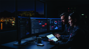 Case Studies 2 Two cybersecurity analysts in a dark operations center monitoring a Microsoft 365 security dashboard for identity incident response during a data breach.