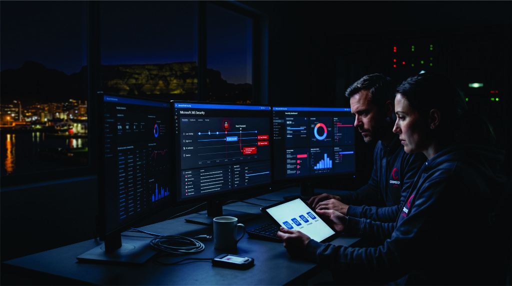 Two cybersecurity analysts in a dark operations center monitoring a Microsoft 365 security dashboard for identity incident response during a data breach.